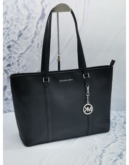 MICHEAL KORS LARGE TOTE ZIPPED SHOULDER BAG IN BLACK LEATHER SILVER HARDWARE