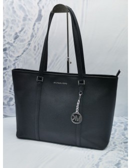 MICHEAL KORS LARGE TOTE ZIPPED SHOULDER BAG IN BLACK LEATHER SILVER HARDWARE