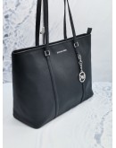 MICHEAL KORS LARGE TOTE ZIPPED SHOULDER BAG IN BLACK LEATHER SILVER HARDWARE