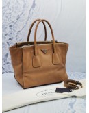 PRADA BN2619 CARAMEL BROWN CALFSKIN LETAHER TWIN POCKET DOUBLE HANDLE BAG WITH ADJUSTABLE STRAP