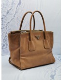 PRADA BN2619 CARAMEL BROWN CALFSKIN LETAHER TWIN POCKET DOUBLE HANDLE BAG WITH ADJUSTABLE STRAP