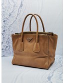 PRADA BN2619 CARAMEL BROWN CALFSKIN LETAHER TWIN POCKET DOUBLE HANDLE BAG WITH ADJUSTABLE STRAP