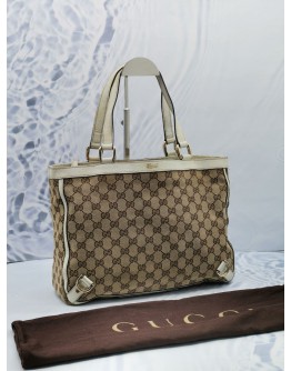 GUCCI BEIGE GG CANVAS / WHITE LEATHER ABBEY D SHOULDER BAG