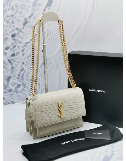 (LIKE NEW) 2019 YSL SAINT LAURENT SUNSET MEDIUM IN OFF WHITE CROCODILE EMBOSSED LEATHER GOLD HARDWARE -FULL SET-