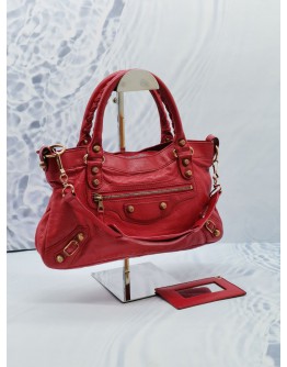 BALENCIAGA GIANT 12 HOT RED LAMBSKIN LEATHER GOLD STUD SMALL CITY BAG 