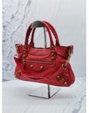 BALENCIAGA GIANT 12 HOT RED LAMBSKIN LEATHER GOLD STUD SMALL CITY BAG 