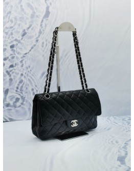 CHANEL CLASSIC MEDIUM SILVER HARDWARE DOUBLE FLAP CHAIN BAG IN BLACK LAMBSKIN LEATHER