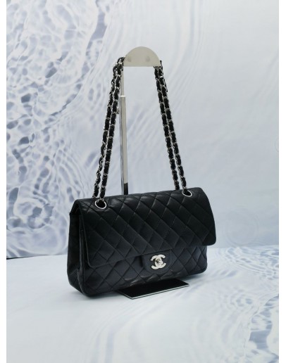 CHANEL CLASSIC MEDIUM SILVER HARDWARE DOUBLE FLAP CHAIN BAG IN BLACK LAMBSKIN LEATHER