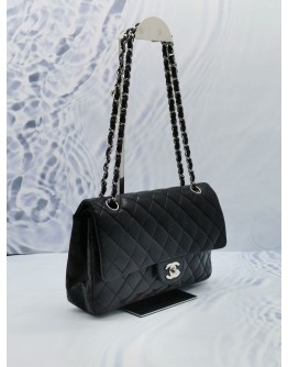 CHANEL CLASSIC MEDIUM SILVER HARDWARE DOUBLE FLAP CHAIN BAG IN BLACK LAMBSKIN LEATHER