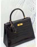 (LIKE NEW)YEAR 2018 HERMES KELLY 25 MISSISSIPPIENSIS SHINY ALLIGATOR PRUNOIR GOLD BAG DEEP PLUM PURPLE STAMP C 