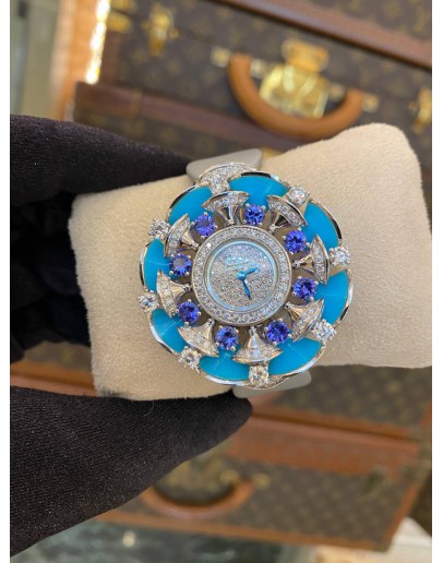 (BRAND NEW) 2023 BLVGARI DIVAS DREAM SAPPHIRE TURQUOISE DIAMOND DIAL 39MM QUARTZ FULL WHITE GOLD GLOBAL 50 YEAR WARRANTY -FULL SET-