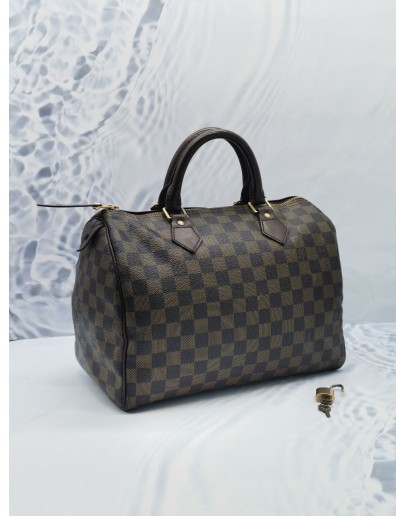 LOUIS VUITTON SPEEDY 30 BROWN DAMIER EBENE CANVAS HANDLE BAG WITH KEYLOCK