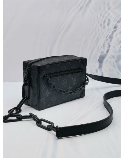 (LIKE NEW) 2023 MICROCHIP LOUIS VUITTON SOFT TRUNK MONOGRAM ECLIPSE CANVAS AND BOASTS MATTE BLACK CHAIN BAG