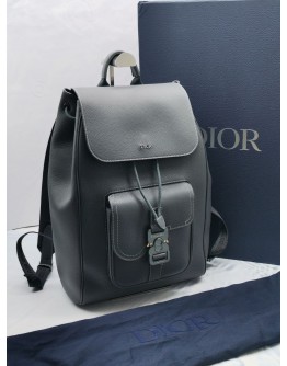 (UNUSED) 2024 CHRISTIAN DIOR SADDLE BACKPACK WITH FLAP IN DEEP GREY GRAINED CALFSKIN LEATHER WITH CONTRASTING TOPSTITCHING -FULL SET-