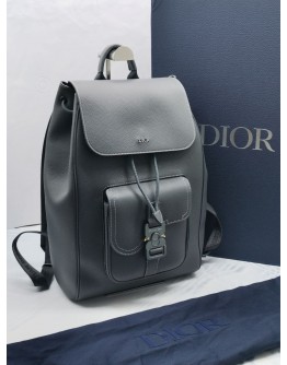 (UNUSED) 2024 CHRISTIAN DIOR SADDLE BACKPACK WITH FLAP IN DEEP GREY GRAINED CALFSKIN LEATHER WITH CONTRASTING TOPSTITCHING -FULL SET-