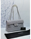 (LIKE NEW) CHANEL CC LOGO GREY QUILTED MATELASSE CALFSKIN LEATHER SILVER CHAIN FLAP BAG