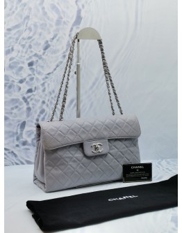 (LIKE NEW) CHANEL CC LOGO GREY QUILTED MATELASSE CALFSKIN LEATHER SILVER CHAIN FLAP BAG