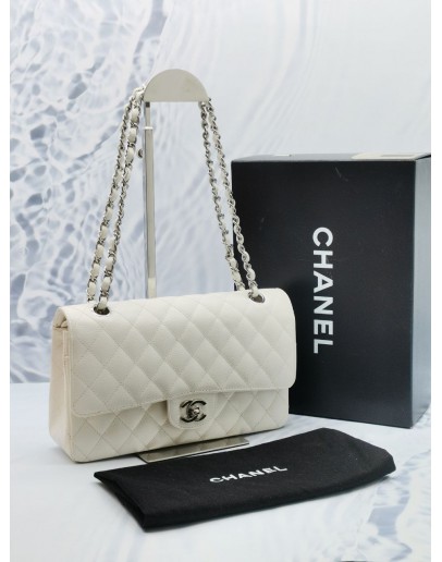 CHANEL MEDIUM DOUBLE FLAP WHITE CAVIAR LEATHER SILVER CHAIN SHOULDER BAG 