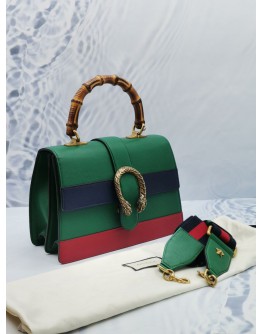 GUCCI DIONYSUS BAMBOO MEDIUM MULTICOLOR LEATHER BAG IN GREEN / RED SIGNATURE WEB WITH STRAP
