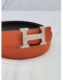 HERMES H BELT BUCKLE ORANGE LEATHER REVERSIBLE BELT 32MM WITH PALLADIUM HARDWARE -FULL SET-