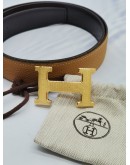 (UNUSED) HERMES H BELT BUCKLE MUSTARD BROWN LEATHER REVERSIBLE BELT 32MM WITH GOLD HARDWARE -FULL SET-