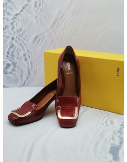 FENDI RED PATENT LEATHER HEELS SLIP ON SIZE 37