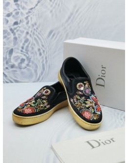 CHRISTIAN DIOR SNEAKERS SLIP ON HAPPY LEATHER SATIN BLACK EMBROIDERY SEQUINS IN BLACK GOLD -FULL SET-