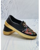 CHRISTIAN DIOR SNEAKERS SLIP ON HAPPY LEATHER SATIN BLACK EMBROIDERY SEQUINS IN BLACK GOLD -FULL SET-