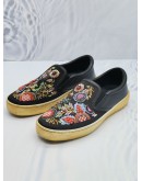 CHRISTIAN DIOR SNEAKERS SLIP ON HAPPY LEATHER SATIN BLACK EMBROIDERY SEQUINS IN BLACK GOLD -FULL SET-