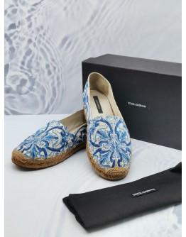 DOLCE & GABBANA BLUE / WHITE MAIOLICA PRINT CANVAS SLIP ON ESPADRILLES SIZE 40 -FULL SET-