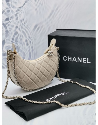 (LIKE NEW) 2023 CHANEL MOON LIGHT BEIGE QUILTED LAMBSKIN LEATHER SMALL HOBO CHAIN BAG -FULL SET-