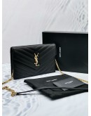 (LIKE NEW) 2023 YSL SAINT LAURENT CASSANDRE BLACK MATELASSE LEATHER ENVELOPE WALLET ON CHAIN -FULL SET-