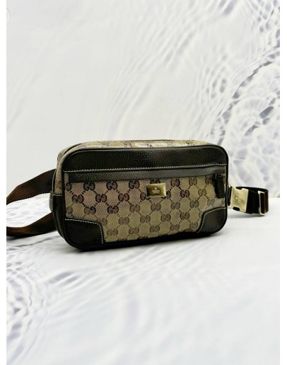 GUCCI BELT BAG IN BEIGE GG CRYSTAL CANVAS & DARK BROWN LEATHER