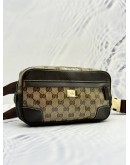 GUCCI BELT BAG IN BEIGE GG CRYSTAL CANVAS & DARK BROWN LEATHER