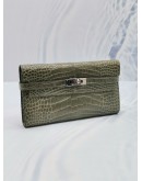 HERMES KELLY OLIVE GREEN TOURTERELLE ALLIGATOR LEATHER LONG WALLET IN PALLADIUM HARDWARE 