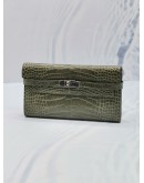 HERMES KELLY OLIVE GREEN TOURTERELLE ALLIGATOR LEATHER LONG WALLET IN PALLADIUM HARDWARE 