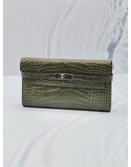 HERMES KELLY OLIVE GREEN TOURTERELLE ALLIGATOR LEATHER LONG WALLET IN PALLADIUM HARDWARE 