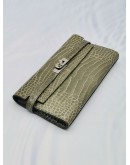 HERMES KELLY OLIVE GREEN TOURTERELLE ALLIGATOR LEATHER LONG WALLET IN PALLADIUM HARDWARE 