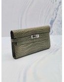 HERMES KELLY OLIVE GREEN TOURTERELLE ALLIGATOR LEATHER LONG WALLET IN PALLADIUM HARDWARE 