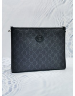 (UNUSED) GUCCI BLACK GG SUPREME CANVAS INTERLOCKING CLUTCH 