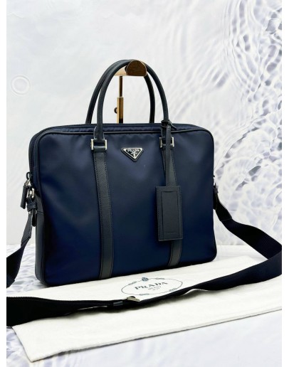 PRADA BRIEFCASE BAG IN BLUE TESSUTO AND SAFFIANO LEATHER