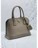 PRADA GREY SAFFIANO LUX LEATHER DOME HANDLE BAG WITH LONG LEATHER STRAP 