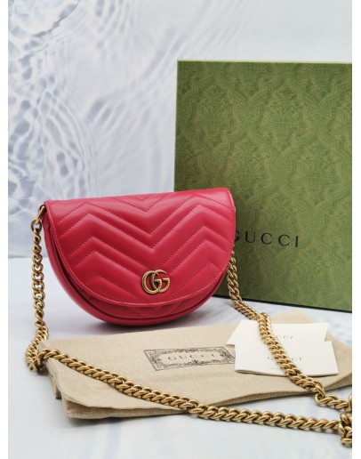 (LIKE NEW) 2023 GUCCI GG MARMONT RED MATELASSE LEATHER MINI SLING BAG -FULL SET-