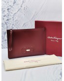 SALVATORE FERRAGAMO LOGO ZIPPED CLUTCH IN BURGUNDY LEATHER -FULL SET-