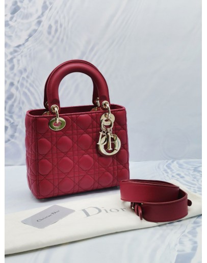 2019 CHRISTIAN DIOR LADY DIOR SMALL HANDLE BAG GARNET RED CANNAGE LAMBSKIN LEATHER 