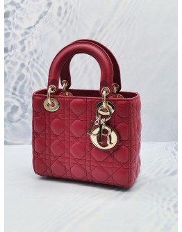 2019 CHRISTIAN DIOR LADY DIOR SMALL HANDLE BAG GARNET RED CANNAGE LAMBSKIN LEATHER 