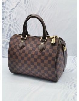 LOUIS VUITTON SPEEDY 25 BROWN DAMIER EBENE CANVAS HANDLE BAG WITH ADJUSTABLE STRAP  