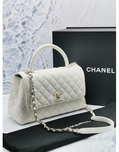 (BRAND NEW) 2023 MICROCHIP CHANEL COCO LARGE HANDLE 23A FLAP BAG IN SNOW WHITE CAVIAR LEATHER SHW -FULL SET-