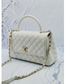 (BRAND NEW) 2023 MICROCHIP CHANEL COCO LARGE HANDLE 23A FLAP BAG IN SNOW WHITE CAVIAR LEATHER SHW -FULL SET-