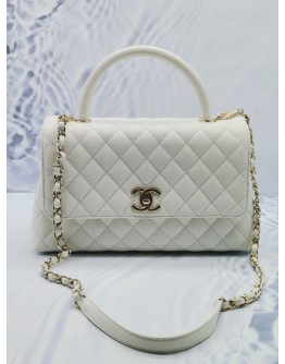 (BRAND NEW) 2023 MICROCHIP CHANEL COCO LARGE HANDLE 23A FLAP BAG IN SNOW WHITE CAVIAR LEATHER SHW -FULL SET-